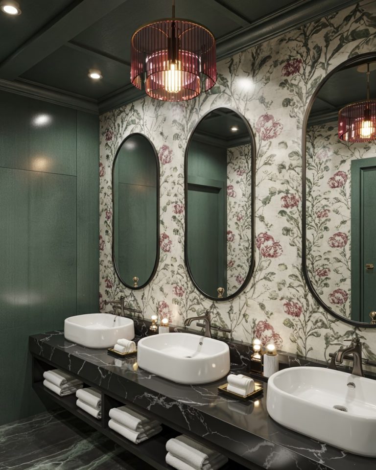 Luxury Bathroom Design with Pink Glass Chandeliers and Marble Vanity