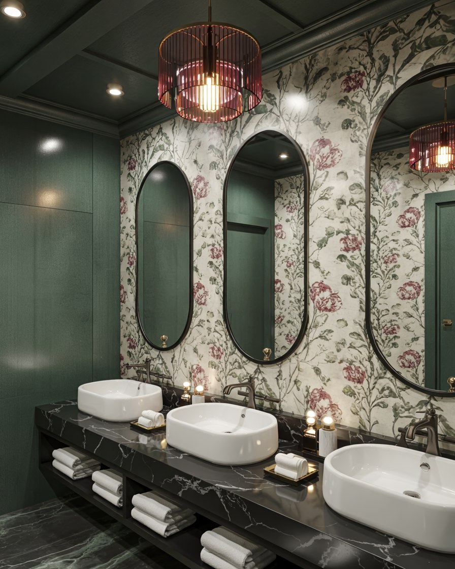 Luxury Bathroom Design with Pink Glass Chandeliers and Marble Vanity