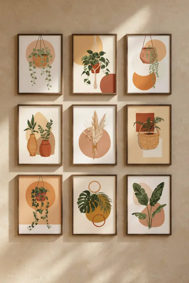 Boho Gallery Wall Art Set of 9 Abstract Botanical Prints | Warm Earth Tones for Living Room