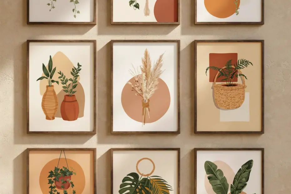 Boho Gallery Wall Art Set of 9 Abstract Botanical Prints | Warm Earth Tones for Living Room