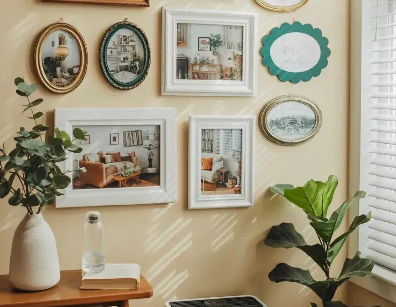 Cozy Gallery Wall with Vintage Frames and Eucalyptus