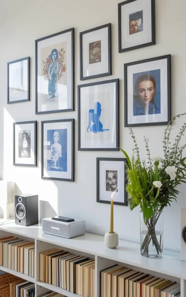 Modern Gallery Wall with Blue Art & Bookshelf Decor for a Cozy Vibe
