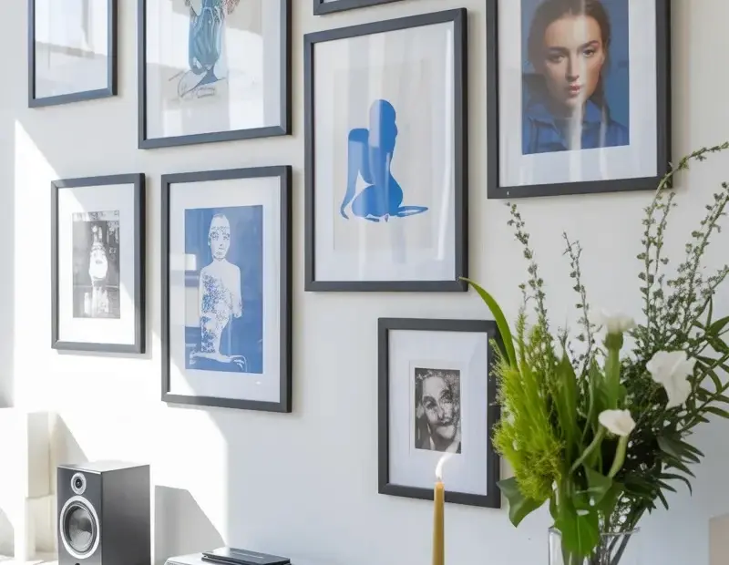 Modern Gallery Wall with Blue Art & Bookshelf Decor for a Cozy Vibe