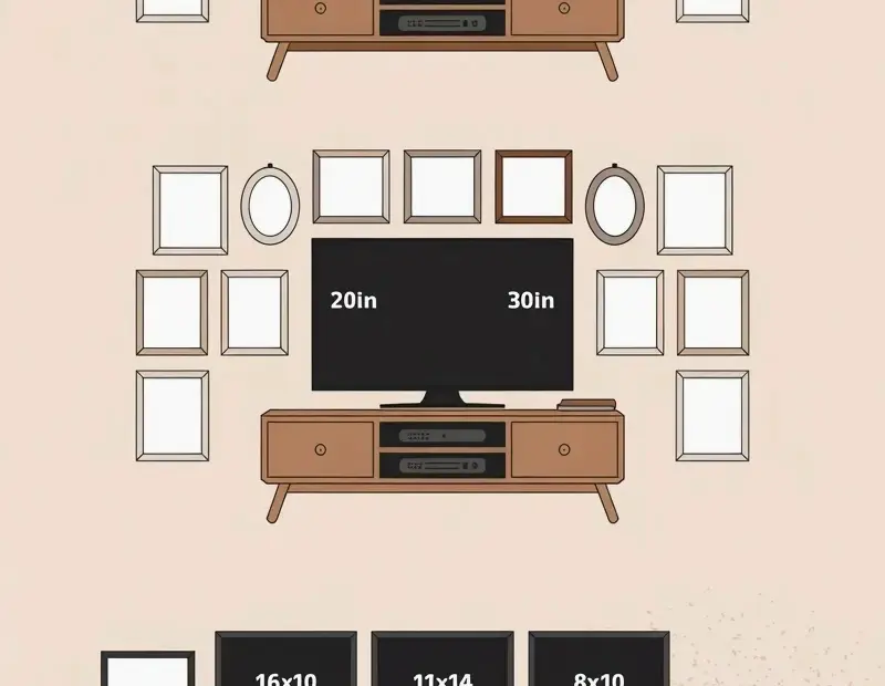 Budget TV gallery wall ideas: 3 layouts with frames and media console