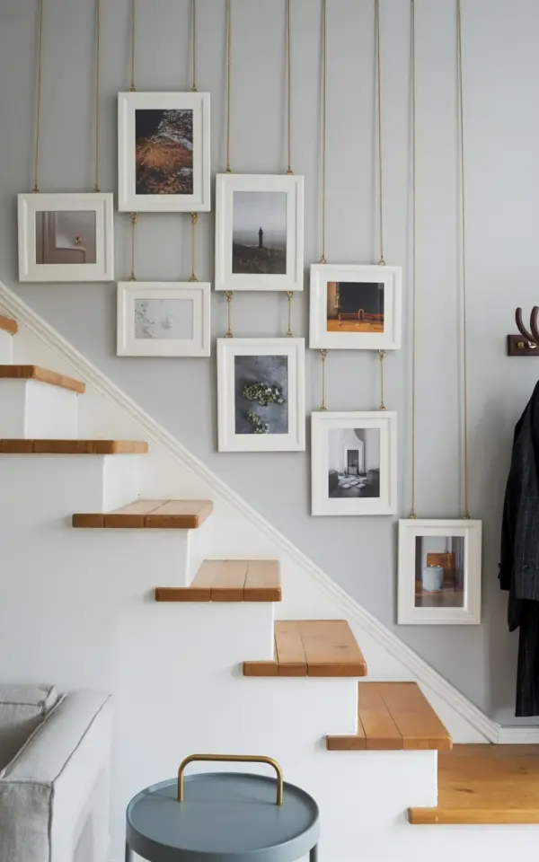 Pink and Red Gallery Wall | Staircase Layout with White Frames for February