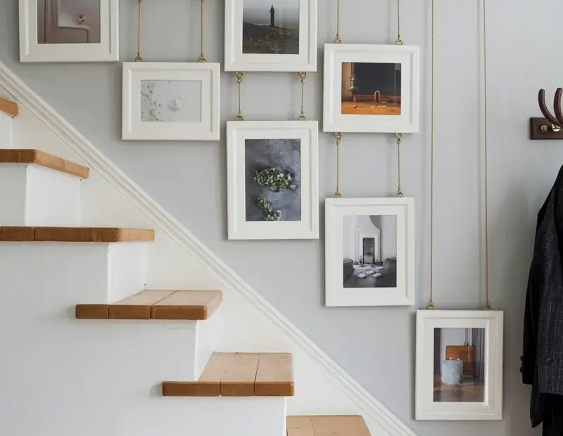 Pink and Red Gallery Wall | Staircase Layout with White Frames for February