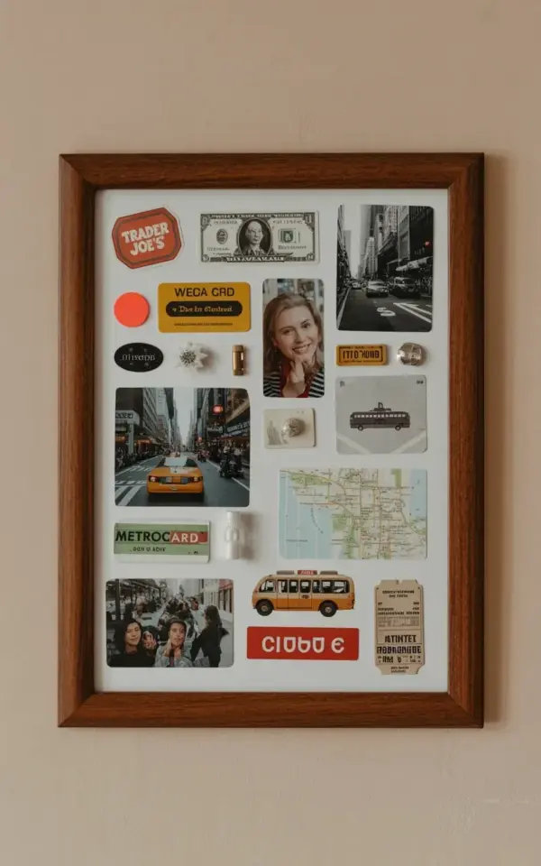 Framed collage wall art with vintage city photos and a MetroCard | memory frame idea