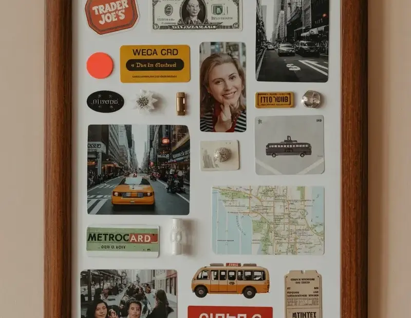 Framed collage wall art with vintage city photos and a MetroCard | memory frame idea