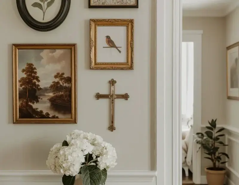 Gallery Wall Before & After: A Neutral Wall Art Display with Wainscoting and Hydrangeas