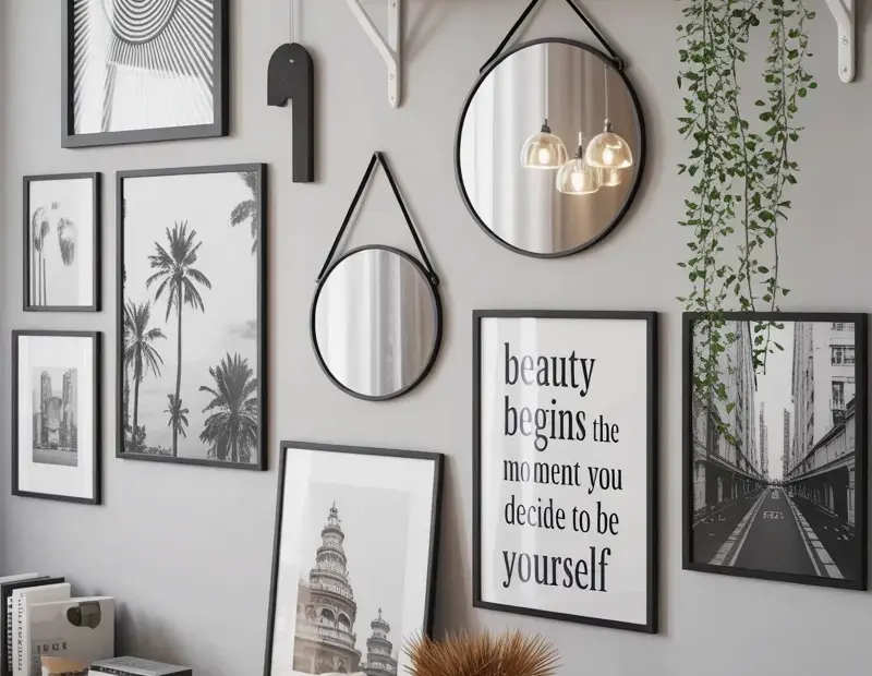 Before and After Gallery Wall Ideas | Black and White Frames + Circular Mirrors on Floating Shelves