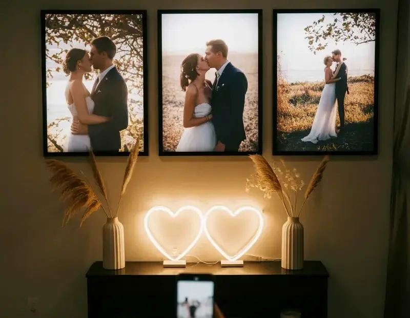 Wedding Photo Gallery Wall Ideas: Triptych Setup with Neon Hearts & Pampas Grass