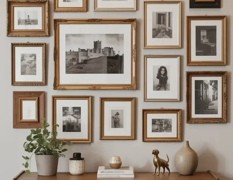 Vintage Gallery Wall Ideas for Fall: Gold & Wood Frames with Black and White Photos