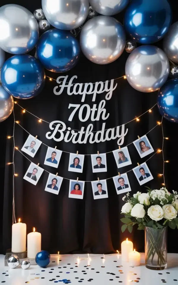 70th Birthday Balloon Arch with Polaroid Photos and Fairy Lights | Navy Blue Party Idea