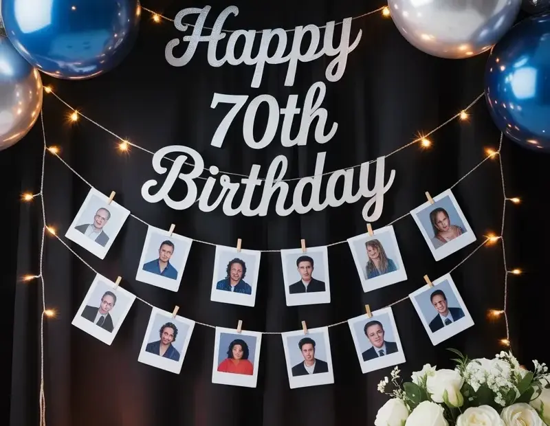 70th Birthday Balloon Arch with Polaroid Photos and Fairy Lights | Navy Blue Party Idea