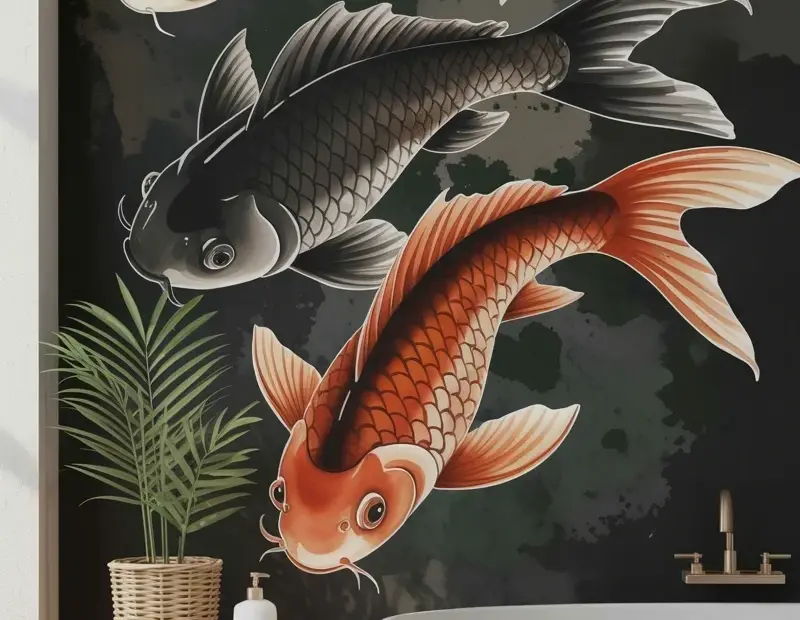 Bathroom wall mural ideas | styling a dark koi fish mural with a freestanding tub