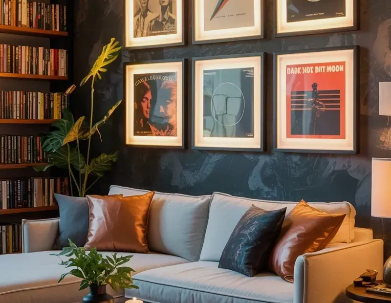 Album Cover Gallery Wall in a Cozy Living Room + Marble Coffee Table
