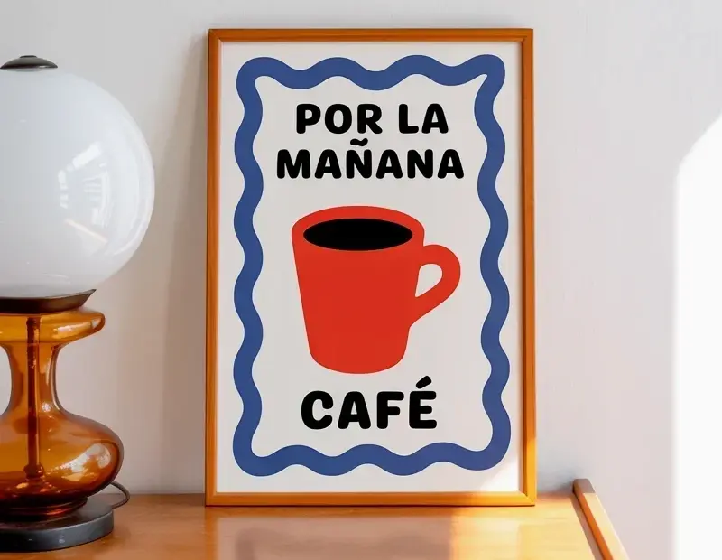 Budget Coffee Wall Art for Gallery Walls | Orange Frame Print on Mid-Century Sideboard