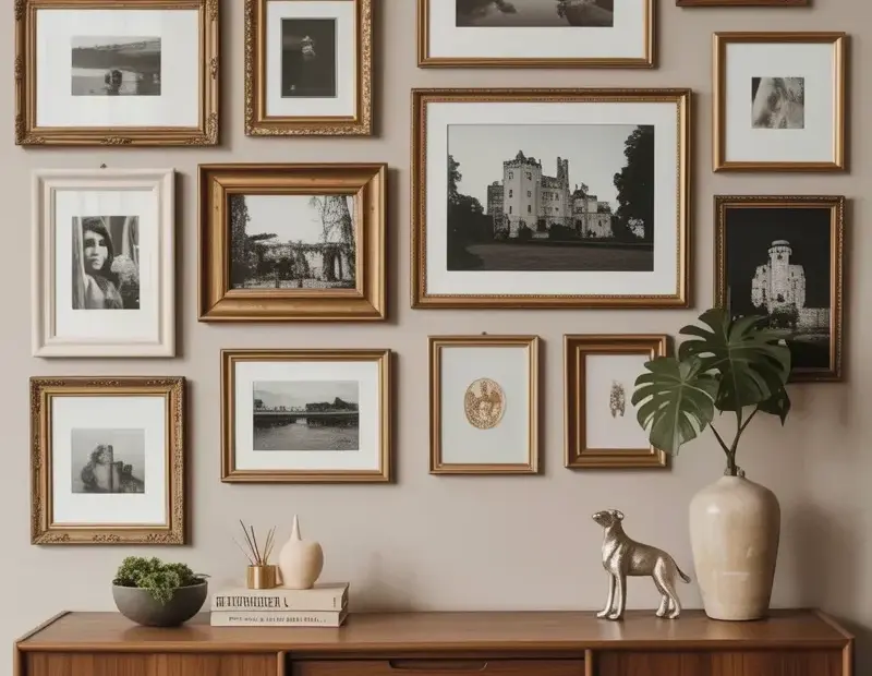 Black and White Gallery Wall with Gold Frames for a Cozy Fall Living Room